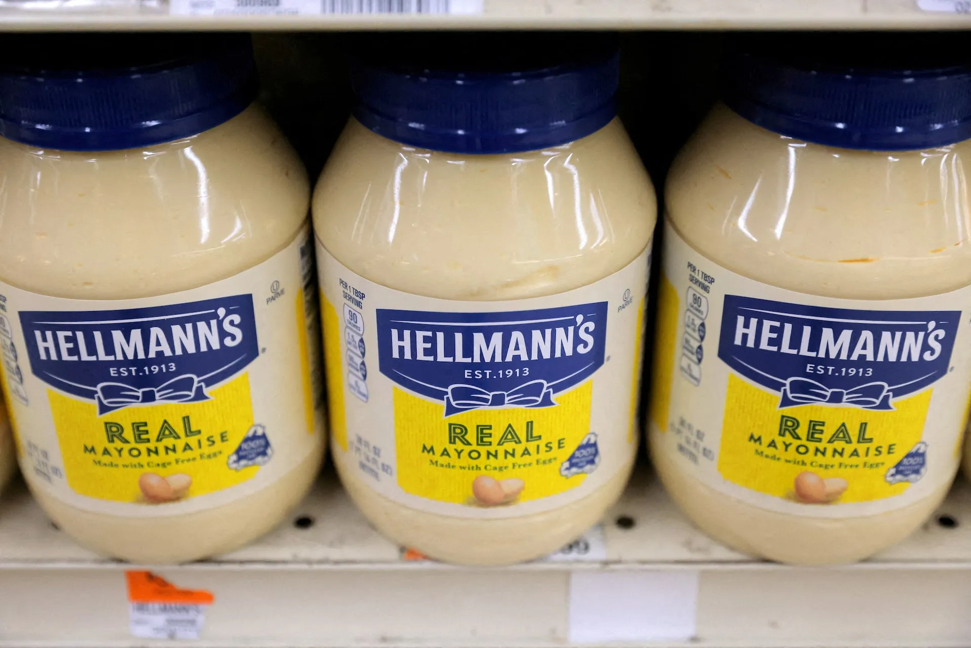 Jars of Hellmann's mayonnaise, a Unilever brand, on display in a store in Manhattan, New York City