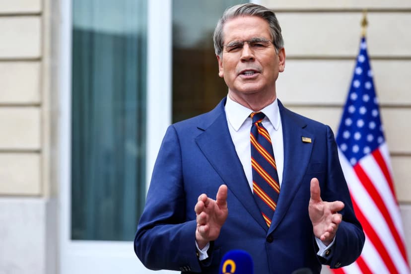 US Treasury Secretary Scott Bessent speaks to the media after meetings with a Chinese delegation in Paris, France, March 2026