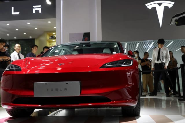A Tesla Model 3 sedan on display at the China International Fair for Trade in Services in Beijing