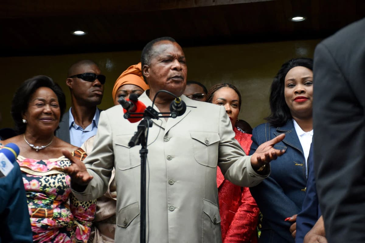 President Denis Sassou Nguesso speaks after casting his vote at a polling station in Brazzaville during the Republic of Congo presidential election on March 15, 2026