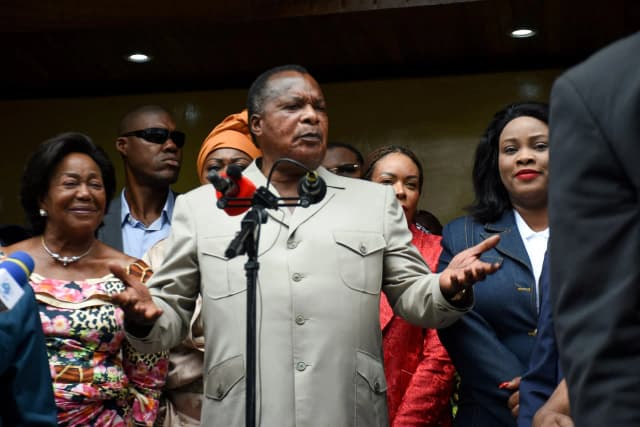 President Denis Sassou Nguesso speaks after casting his vote at a polling station in Brazzaville during the Republic of Congo presidential election on March 15, 2026