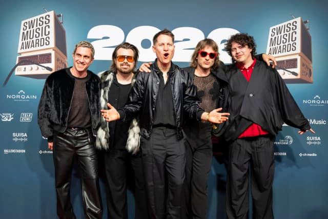 The band Hecht poses on the red carpet at the Swiss Music Awards 2026 in Zurich