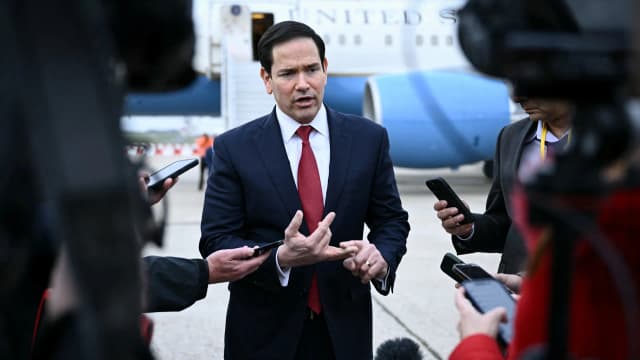 U.S. Secretary of State Marco Rubio speaking during remarks on the Iran conflict
