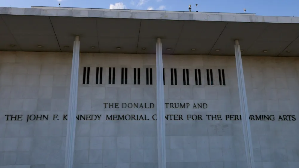 Exterior view of the renamed Kennedy Center in Washington, D.C., showing the Trump name on the building