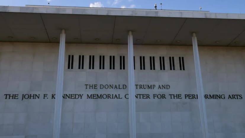 Exterior view of the renamed Kennedy Center in Washington, D.C., showing the Trump name on the building