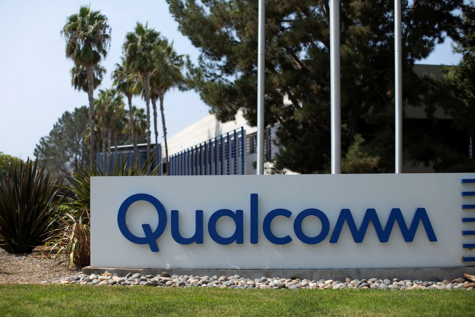 Qualcomm corporate sign outside the company headquarters campus in San Diego, California
