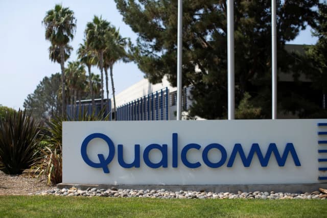 Qualcomm corporate sign outside the company headquarters campus in San Diego, California