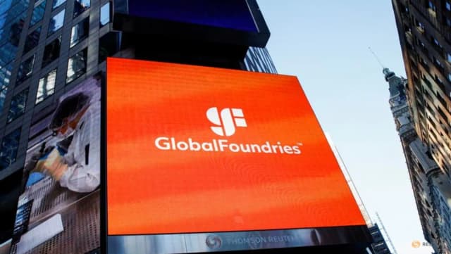 A screen displays the GlobalFoundries logo during the company's IPO at Nasdaq in New York, in a Reuters photo by Brendan McDermid