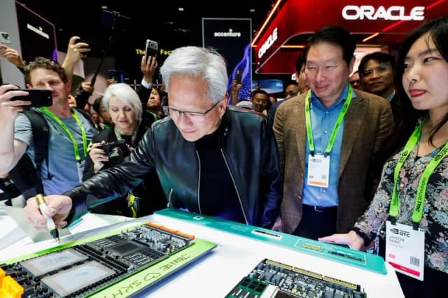 Nvidia CEO Jensen Huang and SK Group Chairman Chey Tae-won at the Nvidia GTC 2026 conference in San Jose, California, March 16, 2026