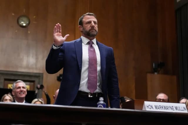 Sen. Markwayne Mullin testifies during his confirmation hearing before the Senate Homeland Security Committee on Capitol Hill, March 18, 2026