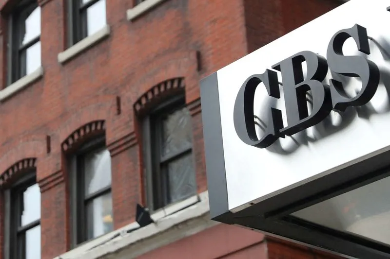 CBS News signage on the exterior of the network's broadcast facility in New York City