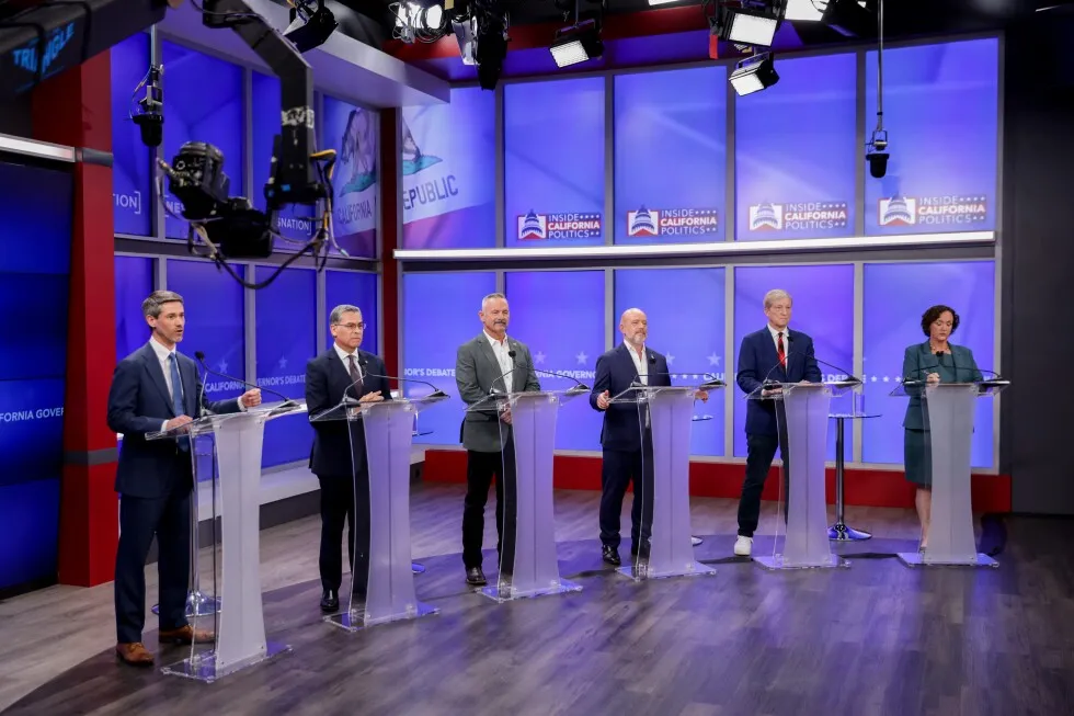 Candidates in California governor race look on during the televised debate in San Francisco on April 22, 2026 (AP pool photo)