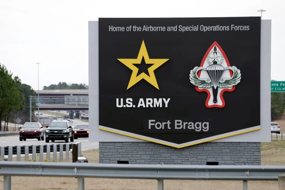 A sign for Fort Bragg in North Carolina, where prosecutors say Gannon Ken Van Dyke was stationed as part of the US Army special forces community.