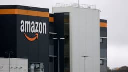 Amazon logo at the company’s logistics center in Bretigny-sur-Orge near Paris, photographed by Reuters photographer Stephanie Lecocq