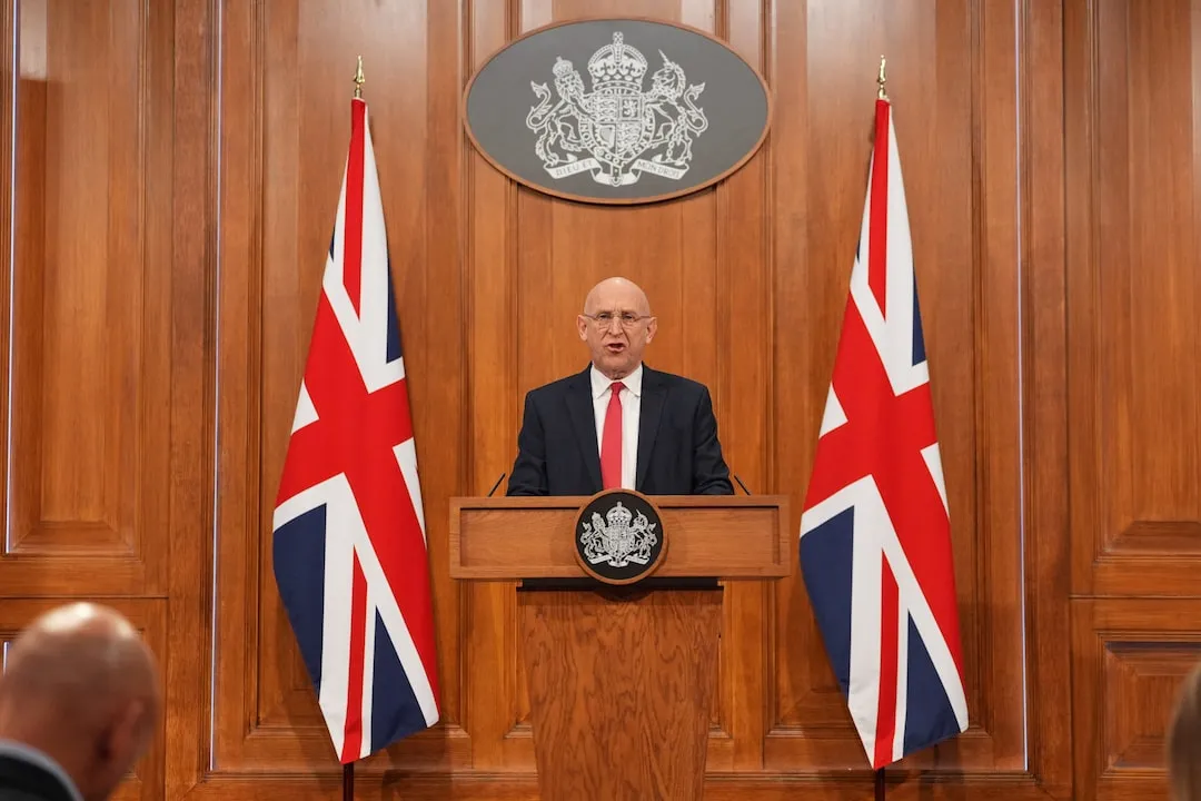 Britain's Defence Secretary John Healey delivers a statement in London on April 9, 2026, as the UK details an operation with Norway to track Russian submarines near North Atlantic cables and pipelines