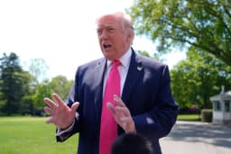 President Donald Trump speaks with reporters before departing the White House on April 16, 2026