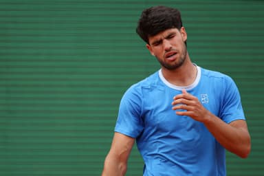 Carlos Alcaraz reacts during the Monte Carlo Masters final against Jannik Sinner in April 2026