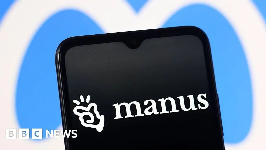 Meta logo beside a smartphone display illustrating the Manus AI startup during coverage of China’s order to unwind the acquisition