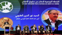 Tunisian President Kais Saied at a signing ceremony in Beijing in a file photo used with coverage of Tunisia’s suspension of the Tunisian League for Human Rights