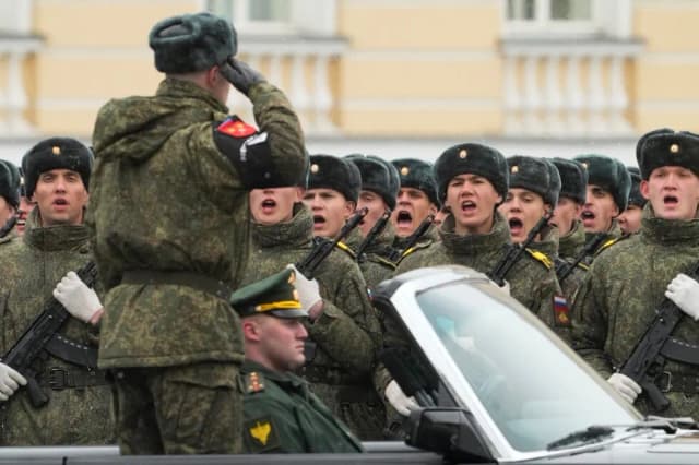 Russian troops rehearse for the 2026 Victory Day parade in St. Petersburg ahead of a scaled-back Moscow celebration without military hardware