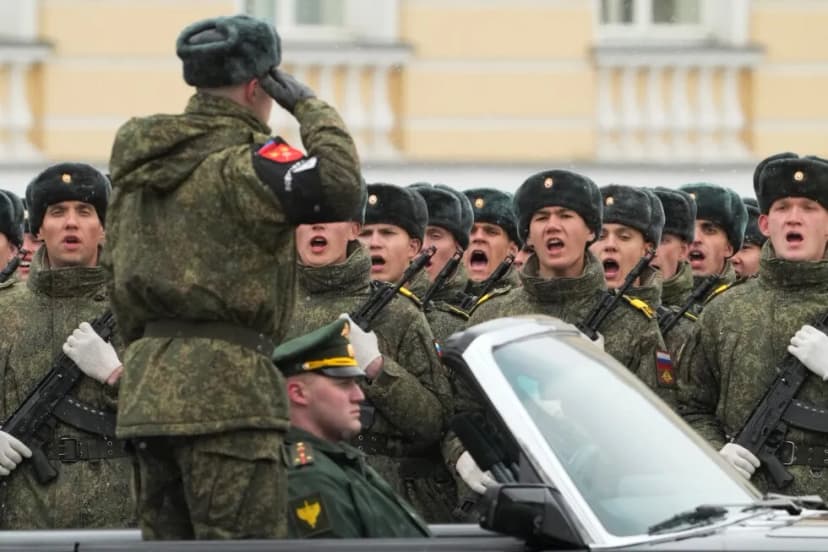 Russian troops rehearse for the 2026 Victory Day parade in St. Petersburg ahead of a scaled-back Moscow celebration without military hardware