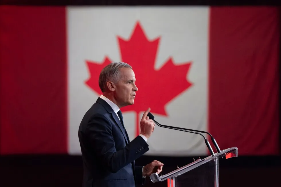 Canadian Prime Minister Mark Carney speaks at the Liberal national convention in Montreal as his party enters key byelections one seat short of a parliamentary majority