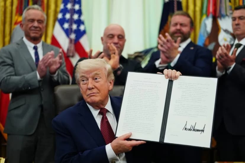 President Donald Trump signs a psychedelic-drug executive order in the Oval Office as Robert F. Kennedy Jr., Joe Rogan and veteran advocates look on
