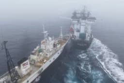 The Bandero, operated by the Captain Paul Watson Foundation, makes contact with Aker QRILL's Antarctic Sea during a confrontation in Antarctic waters on March 31, 2026