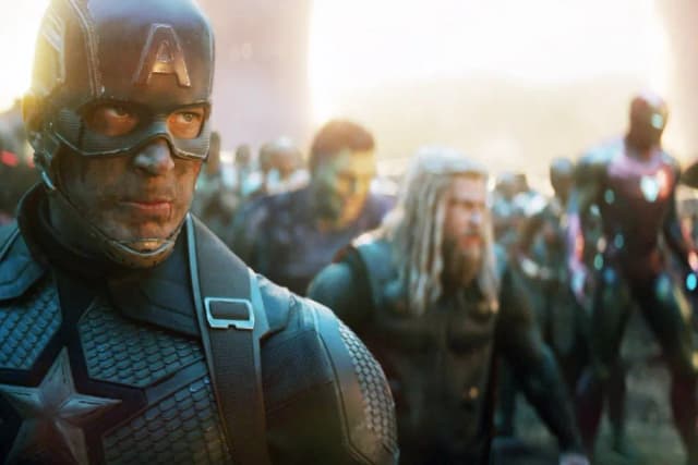 Chris Evans as Captain America, Chris Hemsworth as Thor, Robert Downey Jr. as Iron Man and Mark Ruffalo as Hulk in a promotional still from Avengers: Endgame