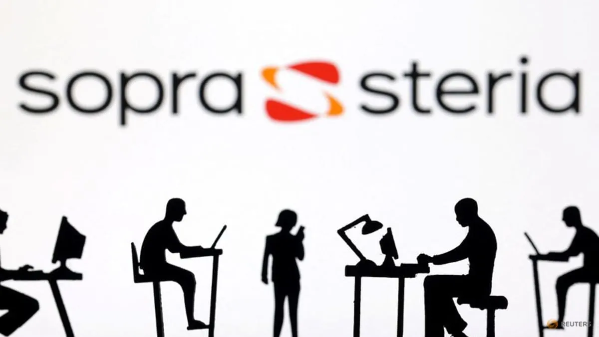 Illustration showing the Sopra Steria logo with miniature computers and smartphones in front of it in a Reuters file image.