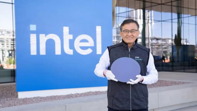 Intel chief executive Lip-Bu Tan holds a processor wafer in a CNBC file photo used in coverage of Intel's expanded AI infrastructure partnership with Google Cloud