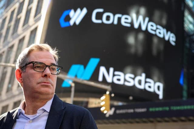 CoreWeave founder and CEO Michael Intrator at the Nasdaq market during the company's IPO in New York on March 28, 2025