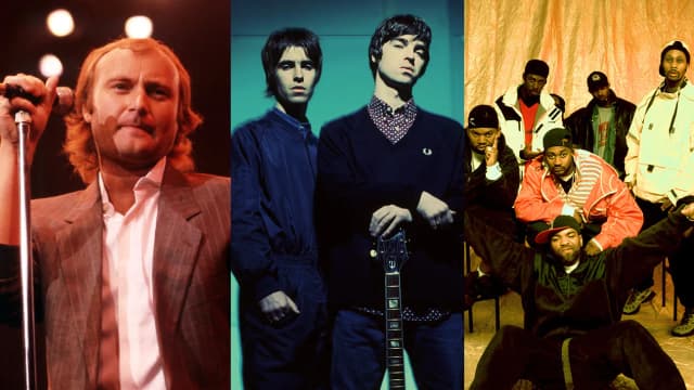 A split promotional image shows portraits of Phil Collins, Oasis and members of Wu-Tang Clan.