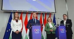 Hungary’s election winner Péter Magyar speaks at a Budapest press conference as he names the first ministers of his incoming government