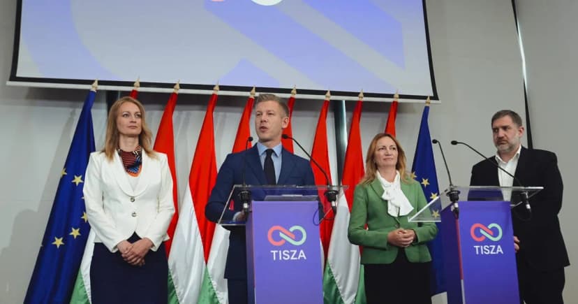 Hungary’s election winner Péter Magyar speaks at a Budapest press conference as he names the first ministers of his incoming government