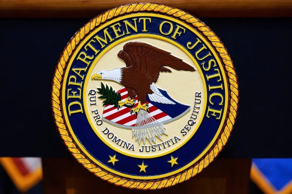 U.S. Justice Department podium and seal before a Washington news conference in a file photo