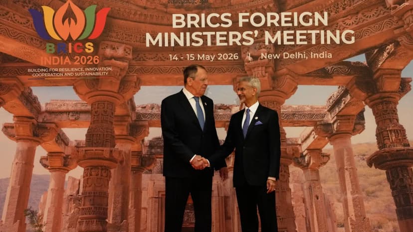 India's Foreign Minister Subrahmanyam Jaishankar shakes hands with Russia's Foreign Minister Sergey Lavrov at the BRICS foreign ministers' meeting in New Delhi.