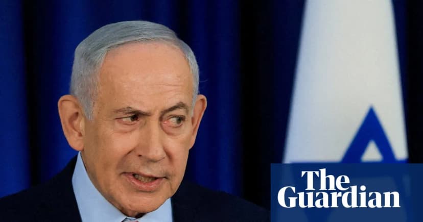 Benjamin Netanyahu speaks at a news conference with an Israeli flag behind him