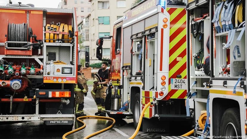 Emergency services respond to an apartment building fire in Manlleu, Catalonia, Spain