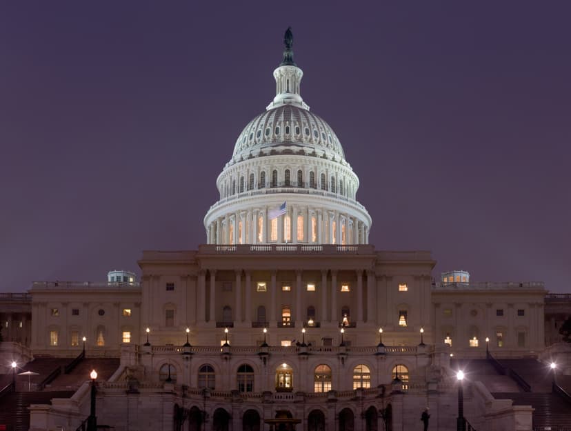 The United States Capitol building illuminated at night in Washington, D.C.