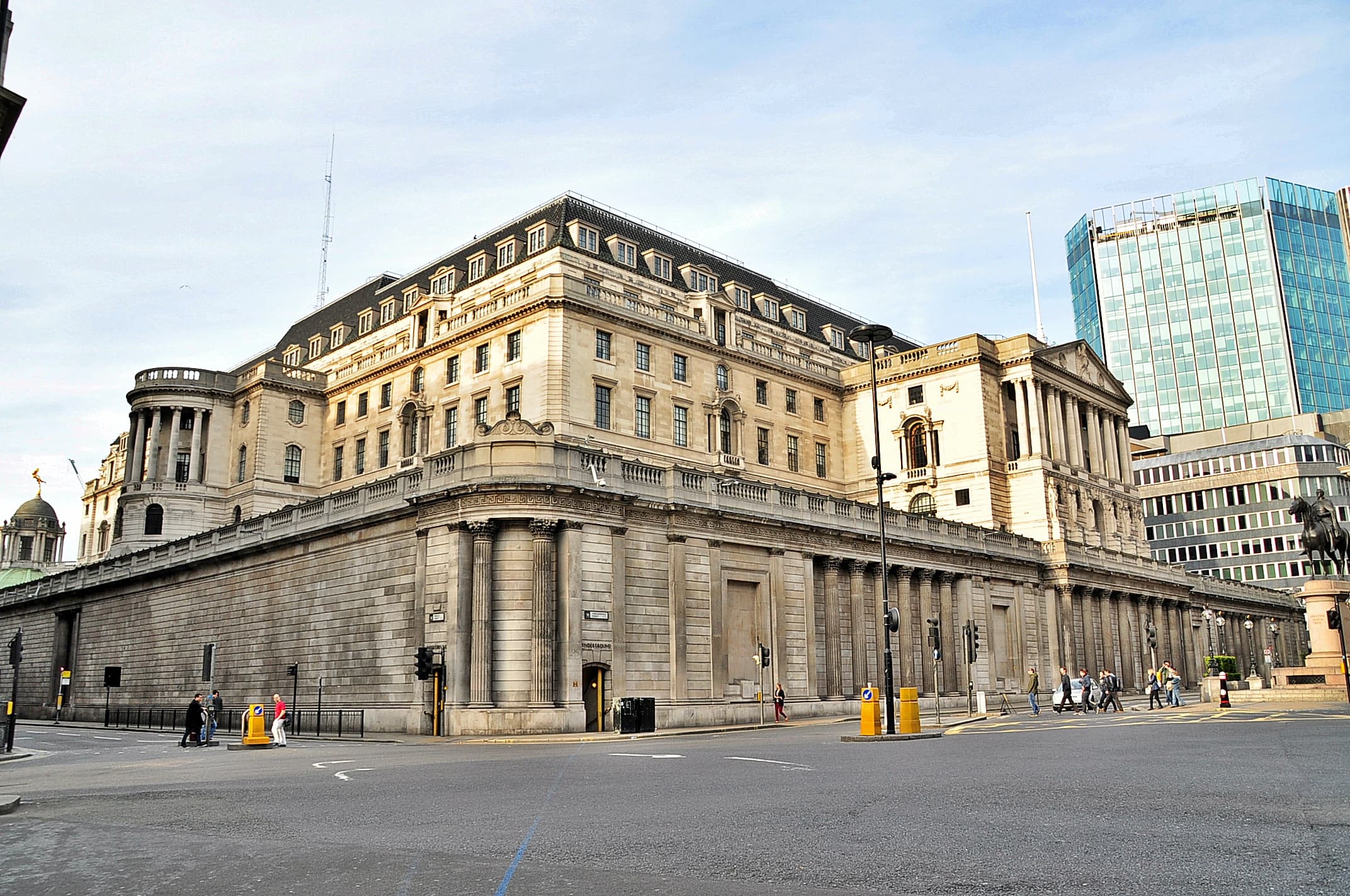 Neoclassical facade of the Bank of England headquarters in the City of London