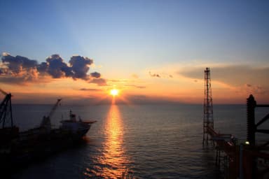 Panoramic view of South Pars gas field facilities on the Persian Gulf coast of Iran
