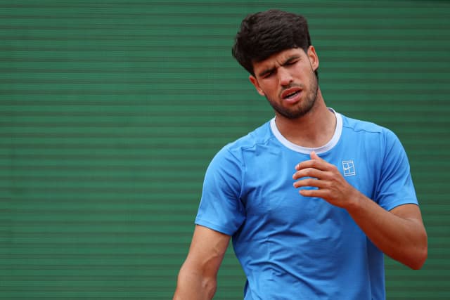 Carlos Alcaraz reacts during the Monte Carlo Masters final against Jannik Sinner in April 2026