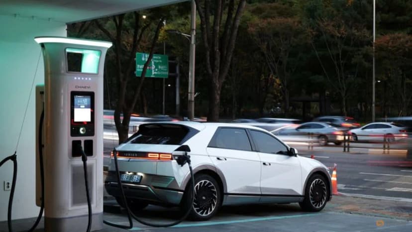 A Hyundai Ioniq 5 electric vehicle charging at Chaevi Stay Charging Station in Seoul, photographed by Kim Hong-Ji for Reuters