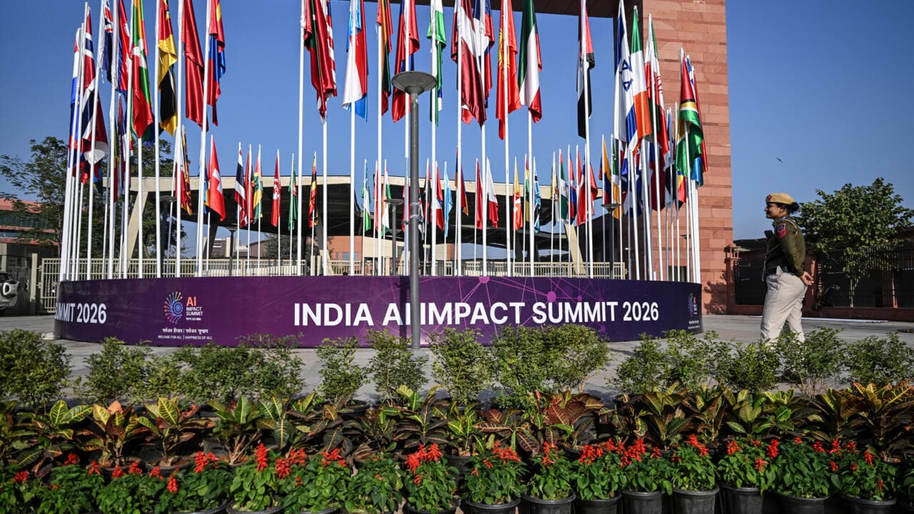 Delegates and officials at the Bharat Mandapam convention centre in New Delhi ahead of the India AI Impact Summit 2026