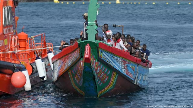 Migrants aboard an overcrowded boat on the Atlantic migration route toward the Canary Islands