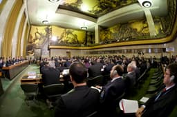 A conference hall at the Palais des Nations in Geneva, Switzerland, where international diplomatic negotiations take place