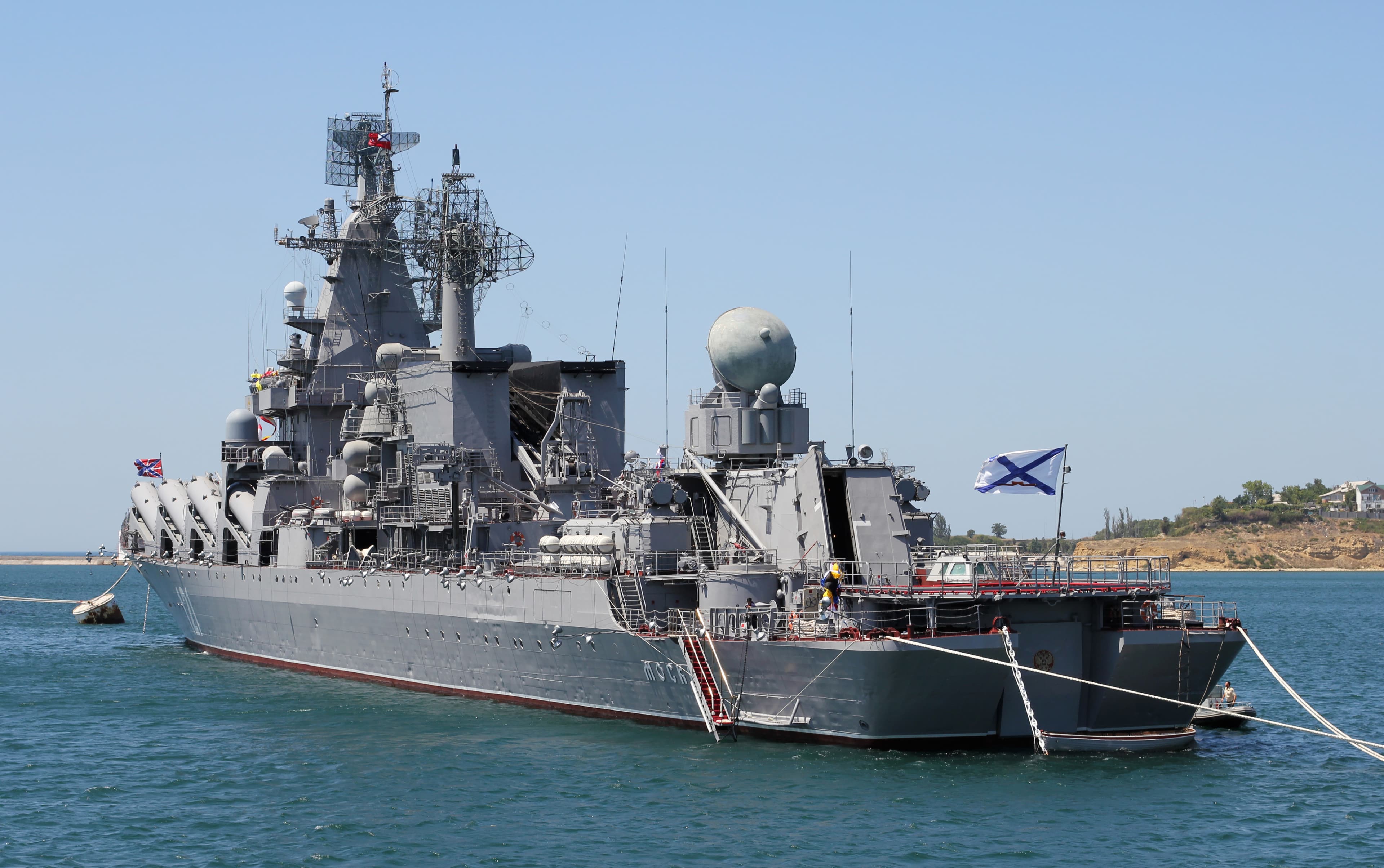 Russian guided-missile cruiser Moskva at sea, representative of the naval power Russia has threatened to deploy to protect its sanctioned shadow fleet tankers from European seizure operations