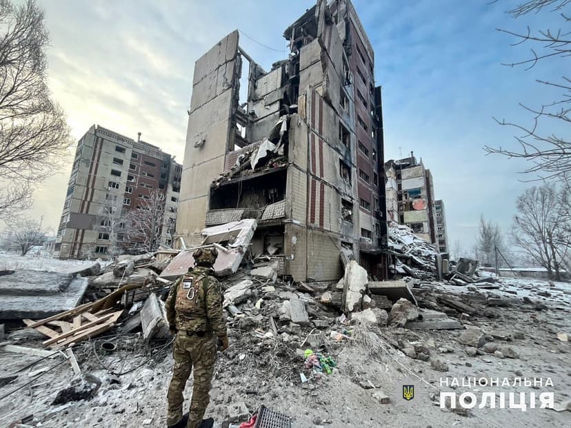 Damaged residential buildings in eastern Ukraine following Russian bombardment in January 2024