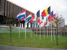 The European Court of Justice building complex in Luxembourg with EU member state flags
